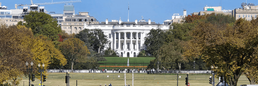 The White House in Washington, D.C. taken from the Washington Monument against a blue sky, green trees and lawns, and tourists against the black railings. 