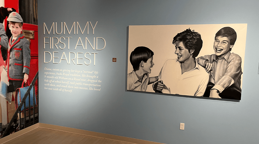 Prince Harry as a young school boy on the left and a picture of Princess Diana, Prince Harry and Prince William on the right in black and white against a grey tone background. 
